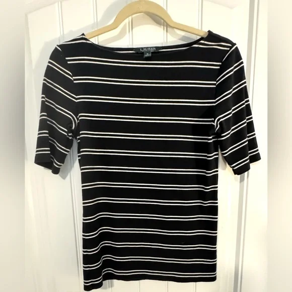 💰⬇️ RALPH LAUREN 
Black/White Striped Boat Neck half sleeve Shirt | Pre-Loved - Picture 2 of 7